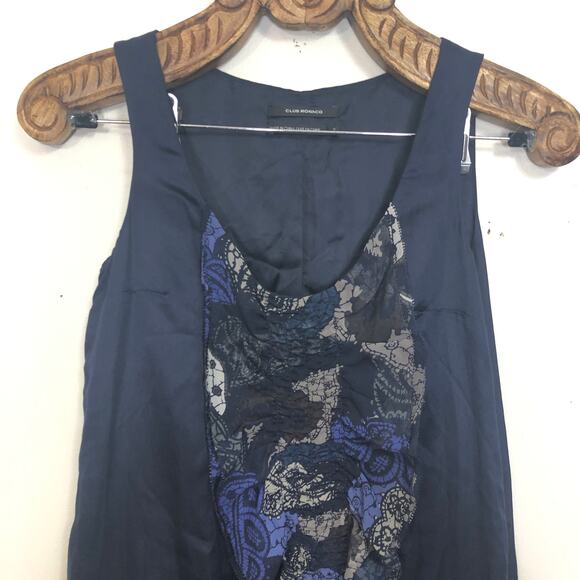 Club Monaco Dress Silk Shift Patterned Ruffle Front Blue Navy Sleeveless 2 - Picture 3 of 7